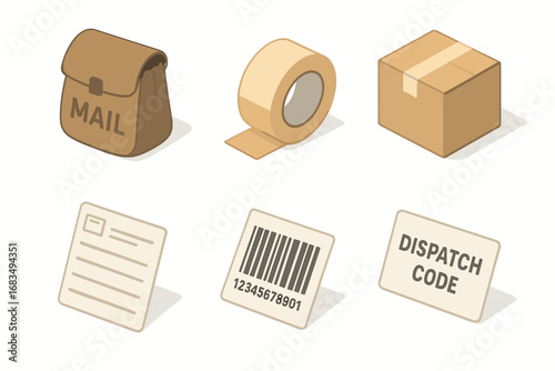 isometric icon items isolated on white background mail bag parcel tape shipping courier slip barcode label dispatch code