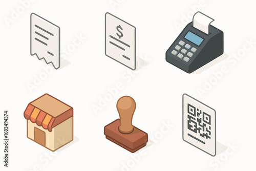 isometric icon items isolated on white background receipt paper transaction note credit slip checkout shop stamp payment code