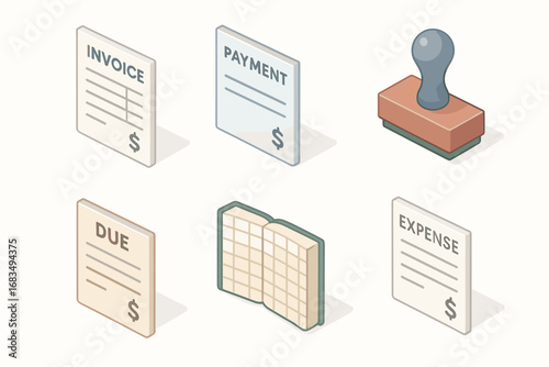 isometric icon items isolated on white background invoice form payment slip vendor stamp due bill ledger book expense note