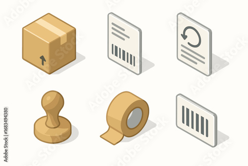 isometric icon items isolated on white background parcel box shipping label return slip delivery stamp cargo tape barcode