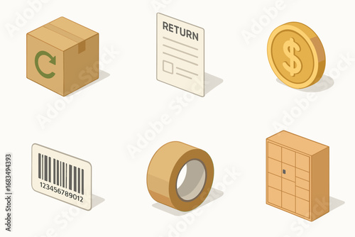 isometric icon items isolated on white background return box return slip refund barcode label parcel tape locker bin