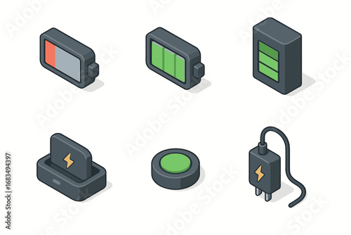 isometric icon items isolated on white background battery icon low charge full charge battery pack charging dock green light