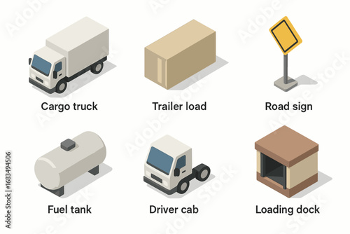 isometric icon items isolated on white background cargo truck trailer load road sign fuel tank driver cab loading dock