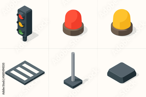 isometric icon items isolated on white background traffic light red lamp lamp green lamp crosswalk line pole base