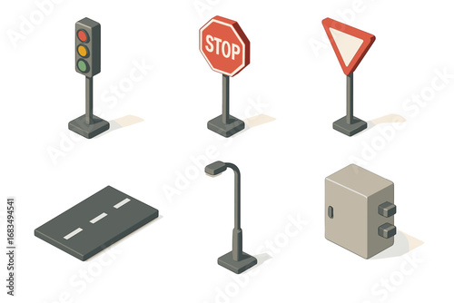 isometric icon items isolated on white background signal post stop sign yield sign road lane street lamp junction box