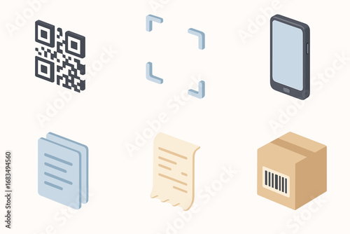 isometric icon items isolated on white background qr code scan frame mobile phone data receipt slip barcode box