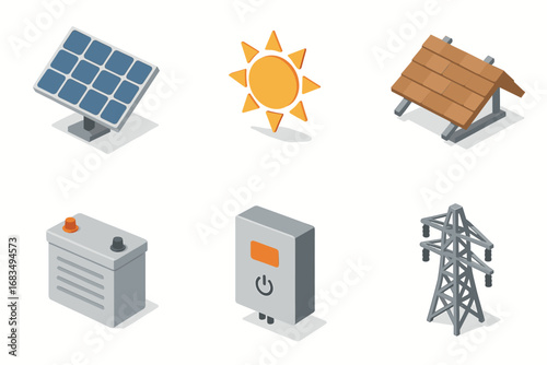 isometric icon items isolated on white background solar panel sun ray roof mount battery pack inverter box power line