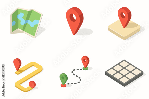 isometric icon items isolated on white background digital map gps pin location street path travel route grid