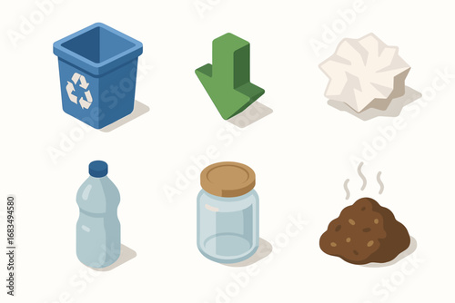 isometric icon items isolated on white background recycle bin green arrow paper scrap plastic bottle glass jar compost pile