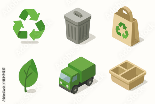 isometric icon items isolated on white background recycling loop trash can reuse bag eco leaf waste truck sort tray