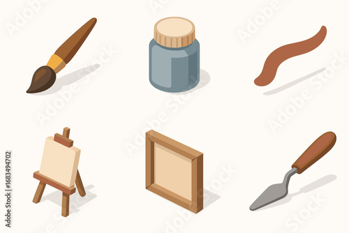 isometric icon items isolated on white background paintbrush tip paint jar stroke line artist easel canvas frame palette knife