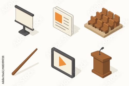 isometric icon items isolated on white background projector screen slide deck lecture hall pointer stick video frame se podium