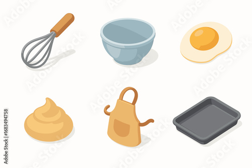 isometric icon items isolated on white background whisk handle mixing bowl egg yolk cake batter chef apron baking tray