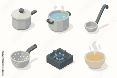 isometric icon items isolated on white background saucepan lid boiling water soup ladle pasta strainer kitchen burner broth steam