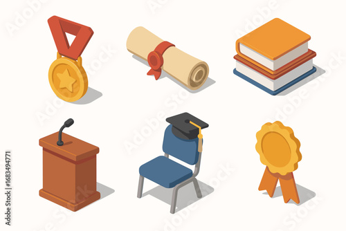 isometric icon items isolated on white background academic medal honor scroll book stack teacher podium graduate chair award ribbon