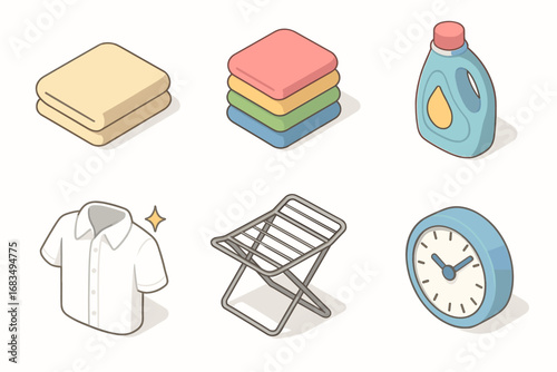 isometric icon items isolated on white background folded towel laundry pile fabric softener clean shirt drying rack wash timer