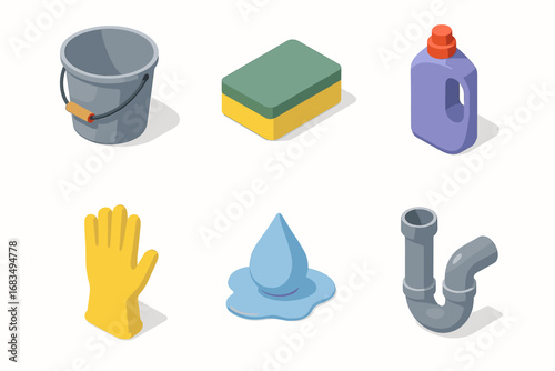 isometric icon items isolated on white background bucket handle scrub sponge detergent bottle cleaning glove rinse water drain pipe