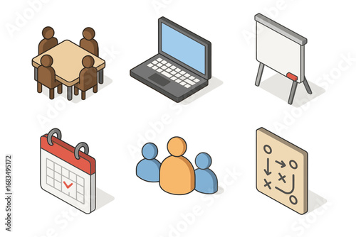 isometric icon items isolated on white background office meeting laptop screen whiteboard calendar page people icons plan chart