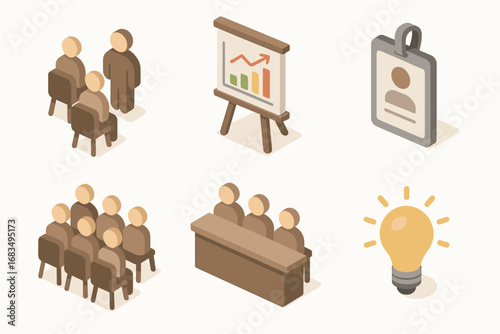 isometric icon items isolated on white background business conference chart board badge audience rows panel table idea light