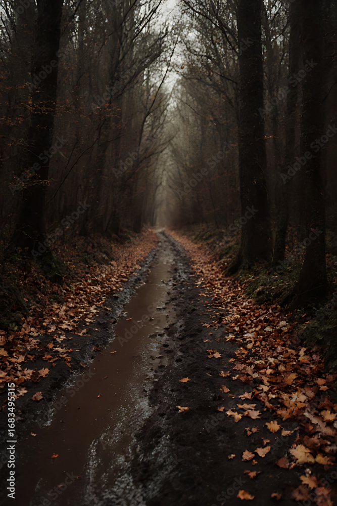 Obraz premium Misty Forest Path in Autumn – Dark and Mysterious Wood Trail