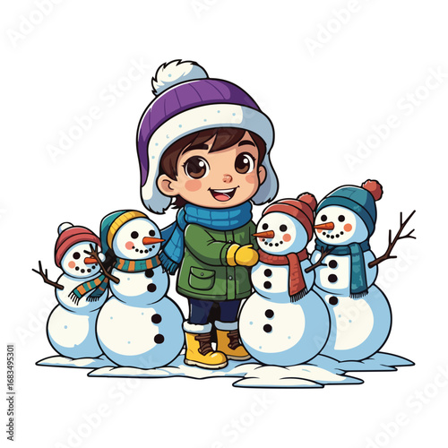 Happy children in hats and scarves build a cheerful cartoon snowman in the winter snow