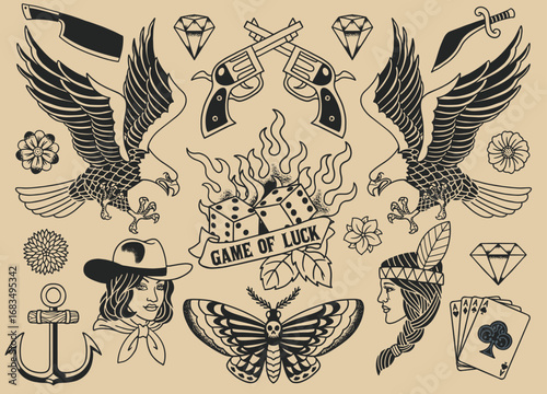 Design Set of Vintage Flash Tattoo Black and White