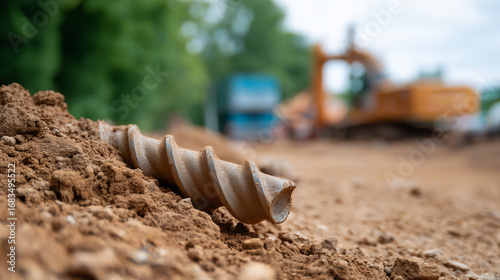 Wallpaper Mural Spiral Drilling Auger Twisting Through Dense Earth Vivid Soil Textures with Clods and Moisture in Foreground Blurred Construction Vehicles Creating Dynamic Industrial Backdrop Torontodigital.ca