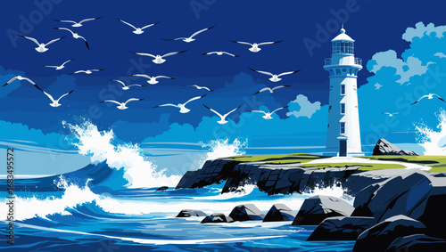 Scenic lighthouse by ocean waves with seagulls in blue coastal landscape