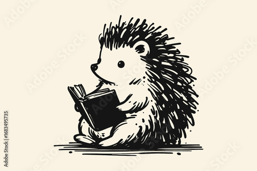Hedgehog reading book sketch thick contour vector illustration