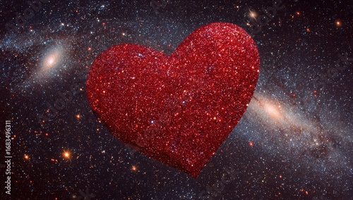 Sparkling red heart in cosmic space