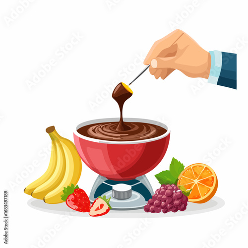Hand Dipping Fruit into Warm Chocolate Fondue