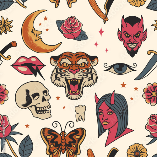 Seamless Pattern of Vintage Flash Tattoo Illustration