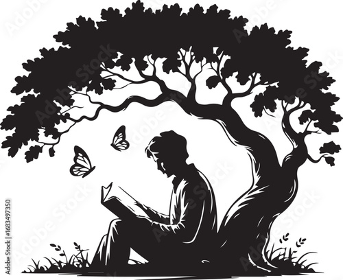 Relax women reading book background nature under tree silhouette logo template illustration inspiration