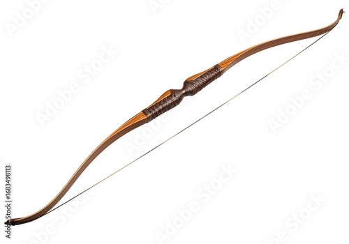 A longbow with a rich brown and light wood finish is displayed against a stark black backdrop.