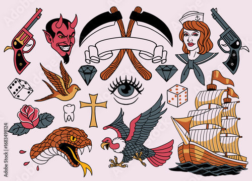 Set of Vintage Flash Tattoo Design
