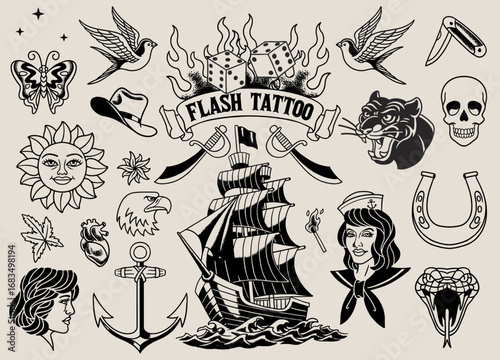Set of Vintage Flash Tattoo Design Monochrome