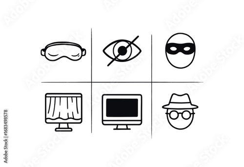 hand drawn cute doodle style line isolated on white background: blindfold conceal icon masked view screen curtain hide content incognito view