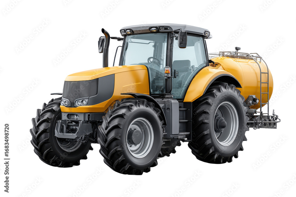 Naklejka premium A modern yellow tractor designed for agricultural tasks, featuring large wheels and a sturdy build, ideal for farming activities.