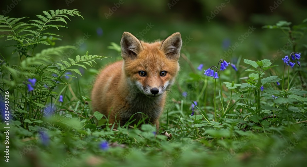 Fototapeta premium A red fox kit, small and fluffy, sits amidst vibrant bluebells and lush green ferns in a shadowy woodland setting. Its curious gaze is directed at the viewer