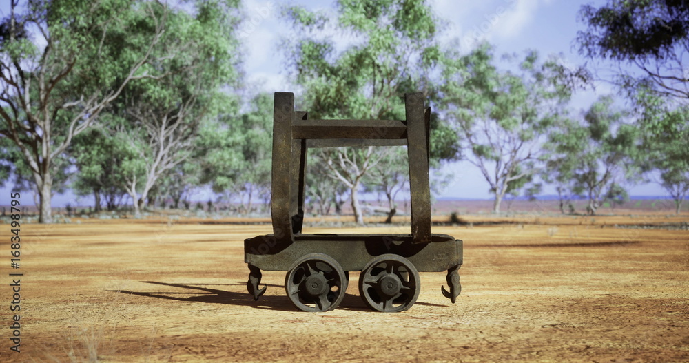 Fototapeta premium A rusty metal cart sits on cracked, dry soil surrounded by sparse trees under a clear blue sky. The landscape indicates a remote area, evoking a sense of abandonment and history.