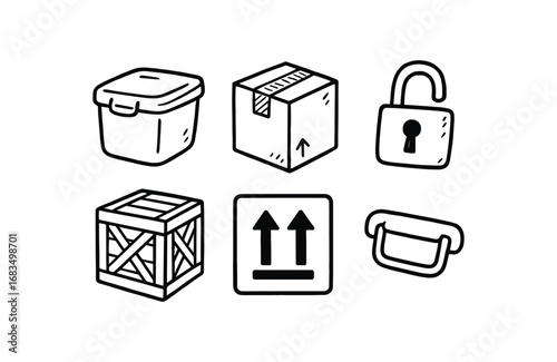 hand drawn cute doodle style line isolated on white background: container shipping box lid lock crate lines storage symbol handle grip