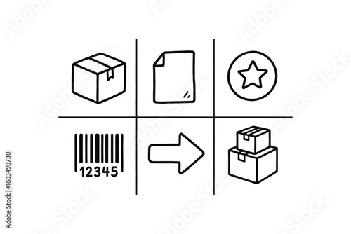 hand drawn cute doodle style line isolated on white background: small package taped fold sticker bar code delivery arrow stack pile