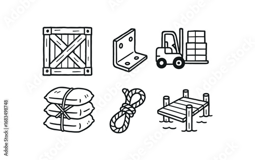 hand drawn cute doodle style line isolated on white background: cargo crate steel corners forklift slot stacked load rope ties dock