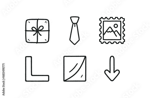 hand drawn cute doodle style line isolated on white background: wrapped parcel paper tie stamp corner edge folded seam drop arrow