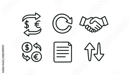 hand drawn cute doodle style line isolated on white background: exchange arrow loop hand shake coin swap paper sheet trade icon