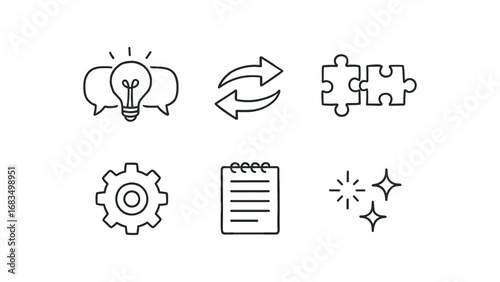 hand drawn cute doodle style line isolated on white background: idea exchange speech arrows puzzle pieces gear icon notebook page spark lines