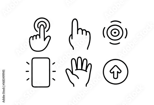 hand drawn cute doodle style line isolated on white background: touch finger tip ripple lines screen glow hand press icon