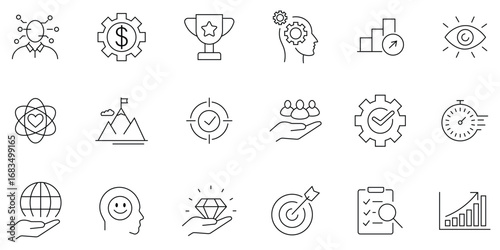 Core value icons set of web icons in line style. Containing innovation, goals, responsibility, vision, social responsibility, commitment, commitment, quality, teamwork, inclusion and more. Vector. 