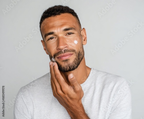 A man applies facial cream to his cheek, displaying a thoughtful and attentive expression.