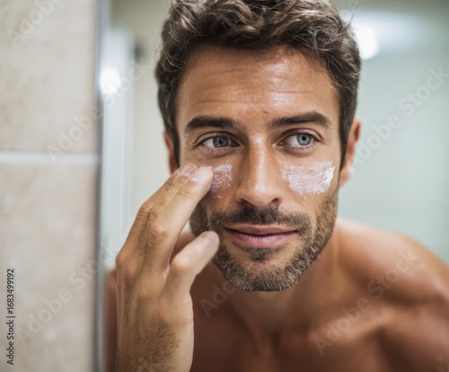 Close-up of a man applying facial cream to his face in a bathroom.
